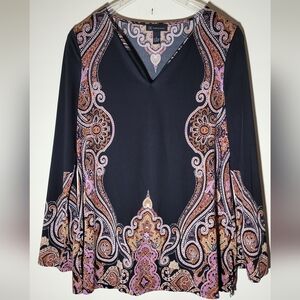 Black V-Neck Tunic Blouse With Pink And Peach Paisley Pattern And Flared Sleeves